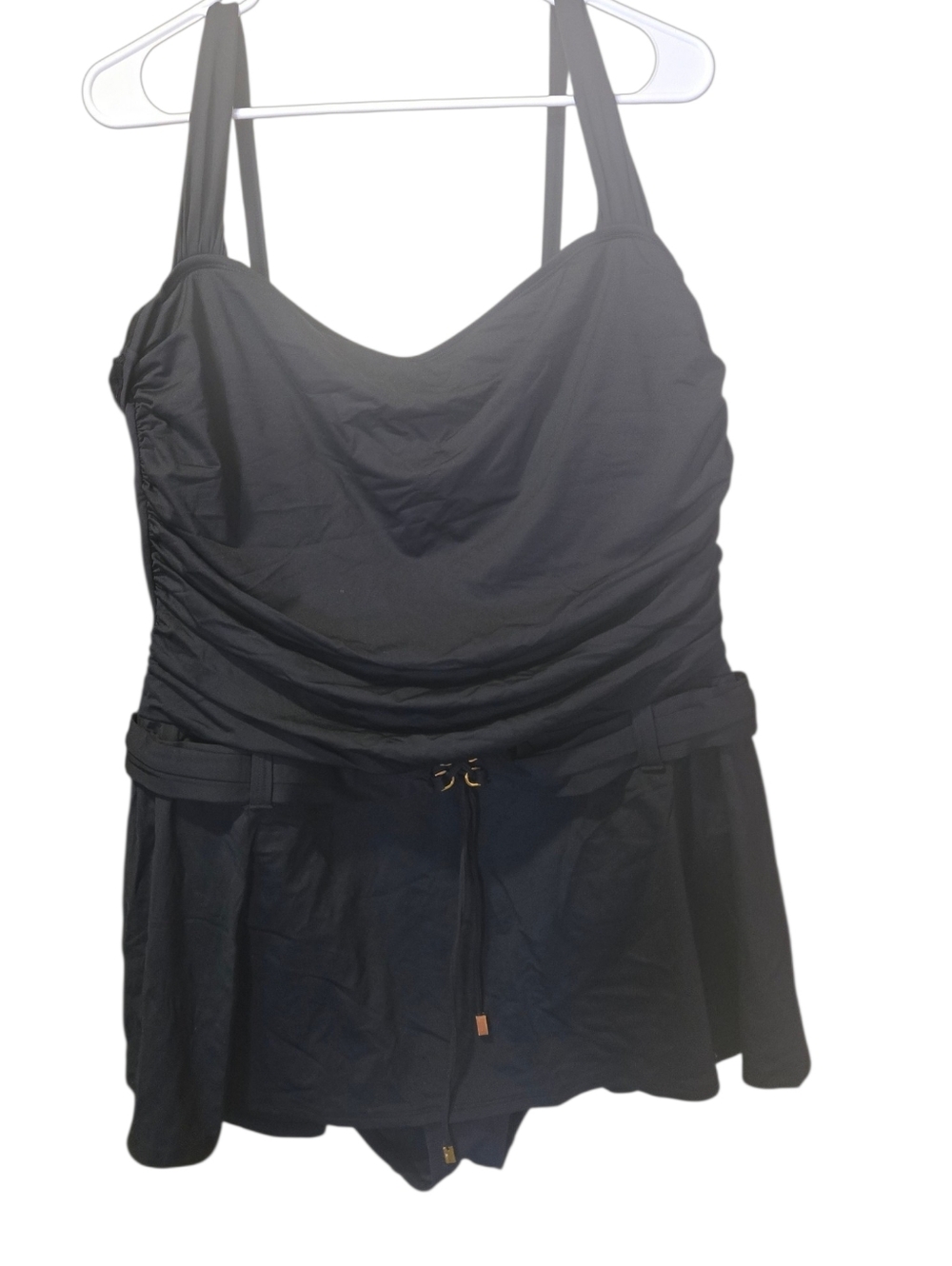 NWOT, Bleu Rod Beattie, Black Ruched One-Piece Swimdress with Belt Detail
